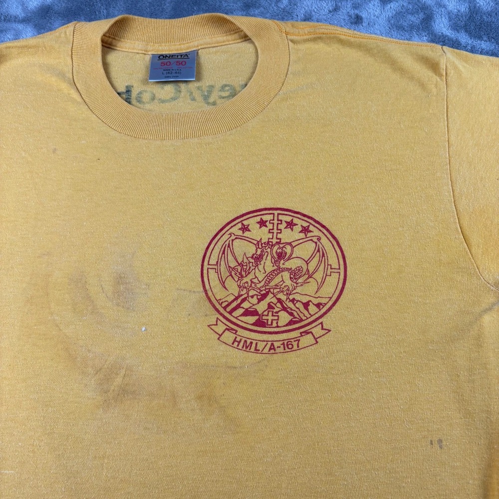 VTG 80's HMLA-167 Huey Cobra Hunter Killer Team Oneita T-Shirt Yellow Single USA - Picture 4 of 12